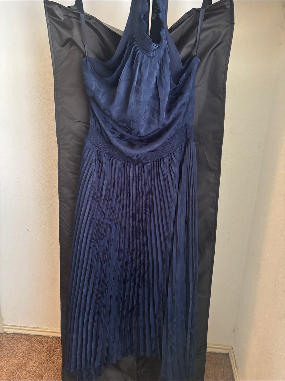 White House Black Market Navy Pleated Halter Maxi Dress